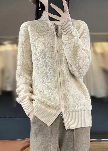 Casual Patchwork Wool Stand-up Collar Long Sleeve Sweater Jacket