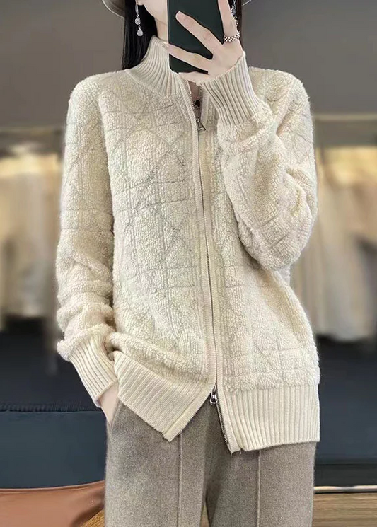 Casual Patchwork Wool Stand-up Collar Long Sleeve Sweater Jacket