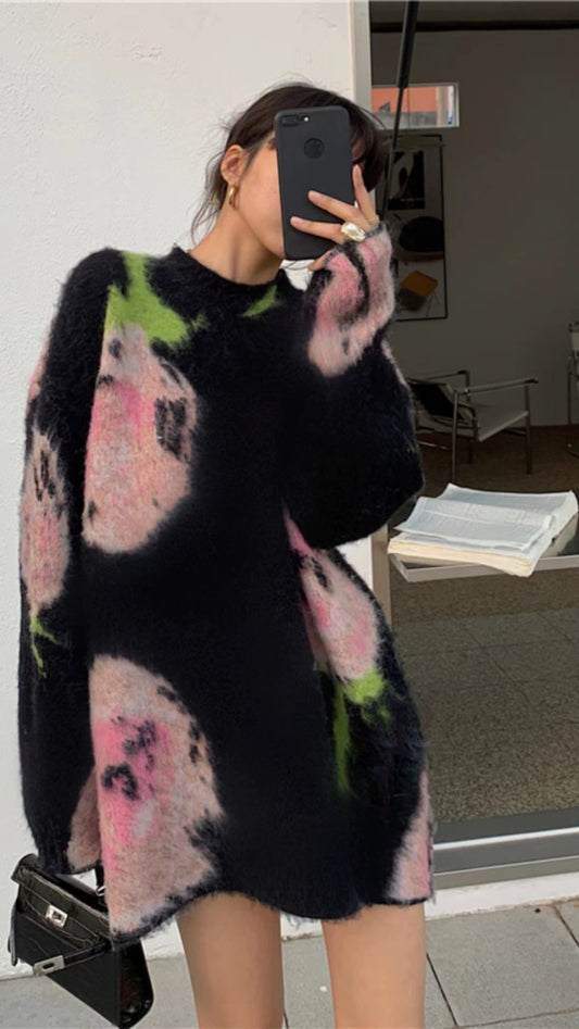 Loose Black O Neck Knit Pattern Long Dress Long Sleeve