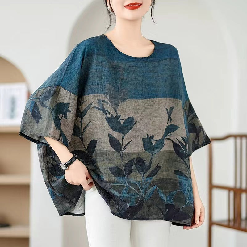 Plus Size Round Neck Printed Striped Short Sleeve T-Shirt Top