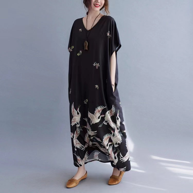 V-Neck Pocket Printed Short Sleeve Long Dress