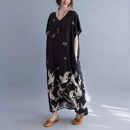 V-Neck Pocket Printed Short Sleeve Long Dress