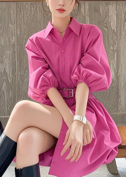 Women's Rose Peter Pan Collar Button Belt Shirtdress