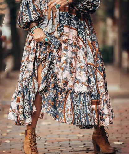 Bohemian V-Neck Printed Bubble Sleeve Dress