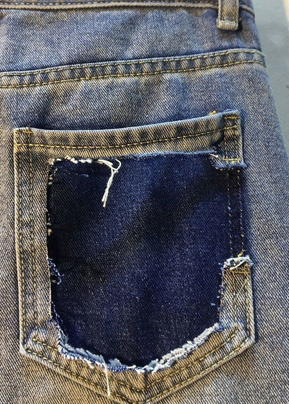 Organic cotton denim blue beaded patchwork high waisted ripped shorts jeans