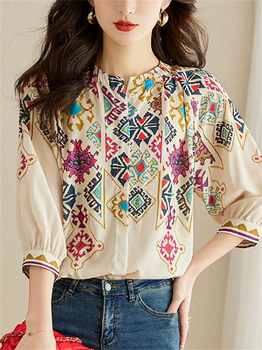 Vintage Geometric Print Silk Short Sleeve Prints