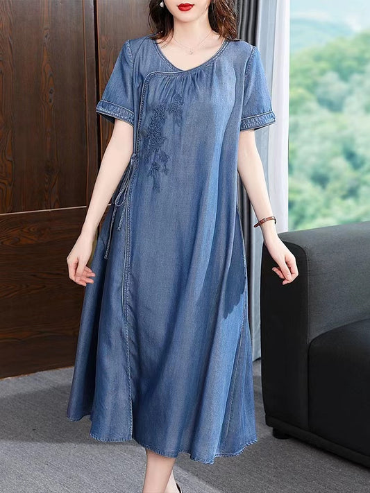 Vintage Asymmetrical Tie Embroidered Short Sleeve Denim Dress