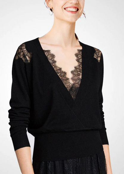 Black V-Neck Lace Patchwork Cutout Wool Knit Top