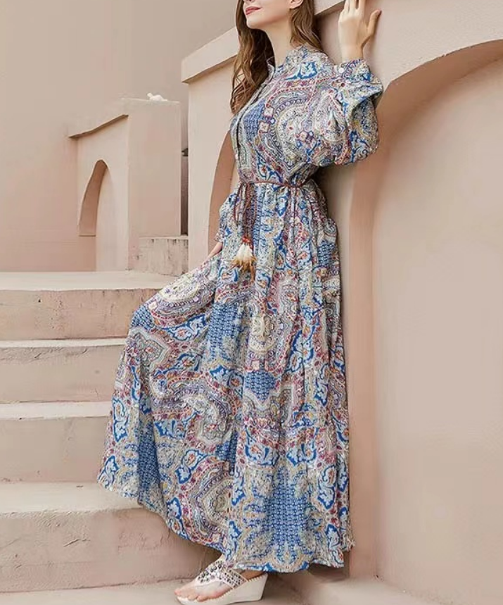 French Print Cardigan Long Sleeve Long Dresses