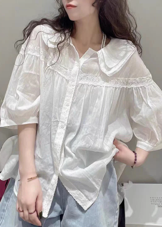 Oversized Peter Pan Collar Lace Cotton Short Sleeve Shirt