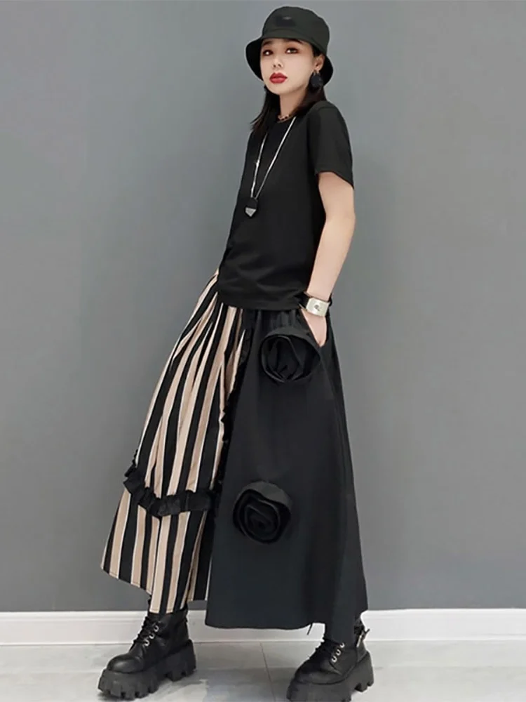 Women's Large Size Loose Casual Ethnic Style Striped Patchwork Skirt