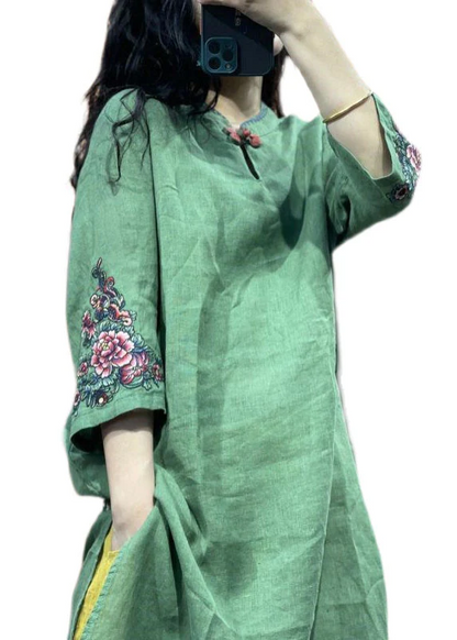 Chinese Standing Collar Embroidered Patchwork Linen Shirt Top