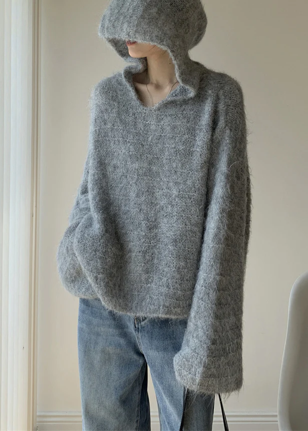 Italian Gray Cotton Hooded Knit Long Sleeve Sweater