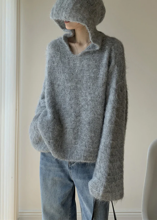 Italian Gray Cotton Hooded Knit Long Sleeve Sweater