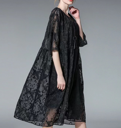 Vintage Gray Fashion Plus Size Lace Embroidered Dress & Suspender Two Pieces