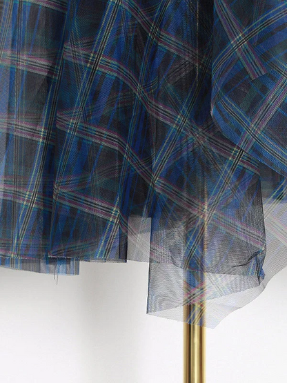 Women's Plus Size Blue High Waist Plaid Irregular Hem Tulle Skirt