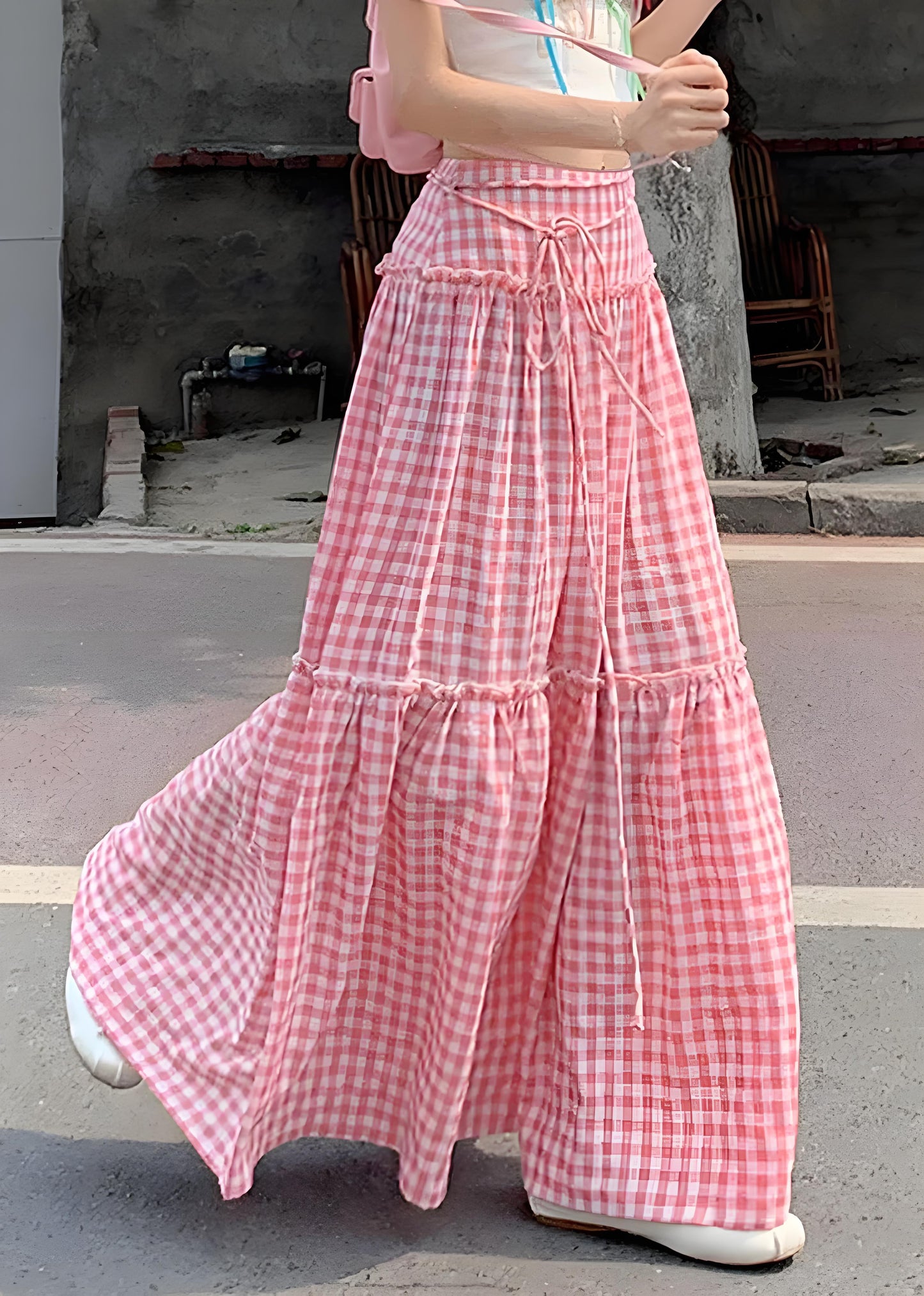 Women's Big Size Pink Ruffle Plaid Patchwork Cotton Half-body Skirt Summer