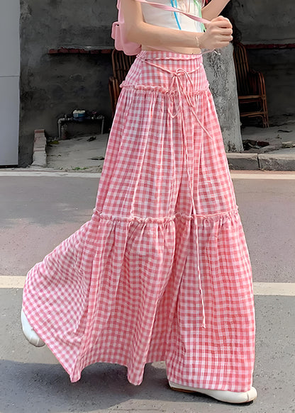 Women's Big Size Pink Ruffle Plaid Patchwork Cotton Half-body Skirt Summer