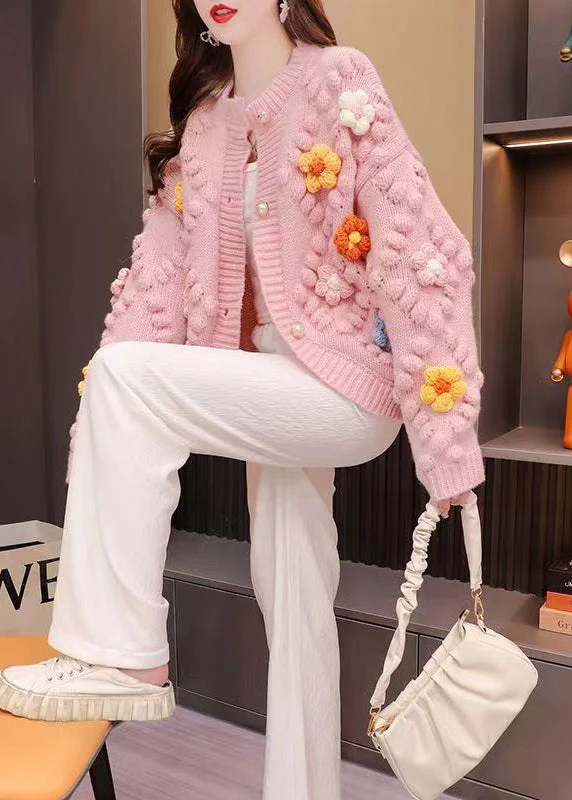 Pink O-Neck Floral Pattern Knit Cardigan
