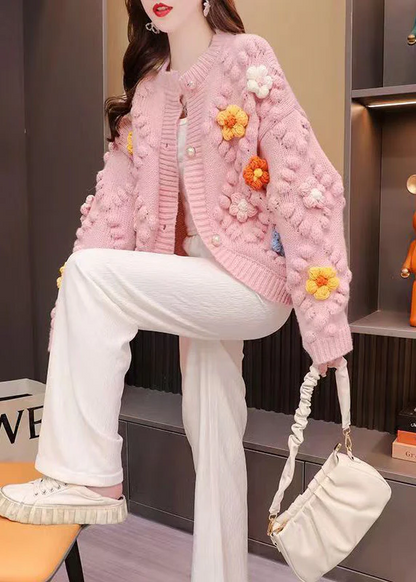 Pink O-Neck Floral Pattern Knit Cardigan