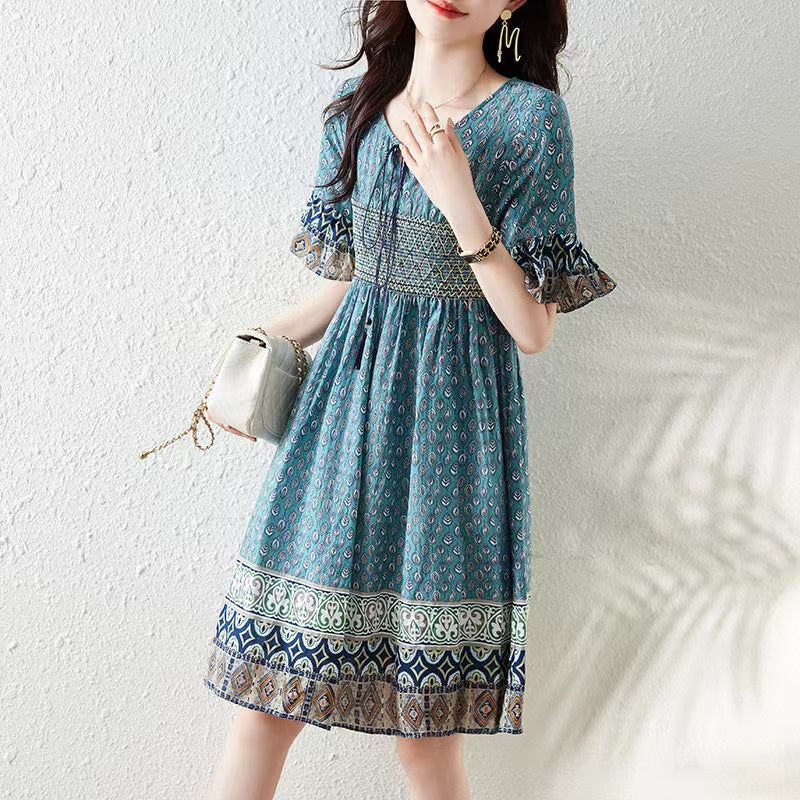 V-Neck Tie Printed Ruffle Color Collision Short Sleeve Dress