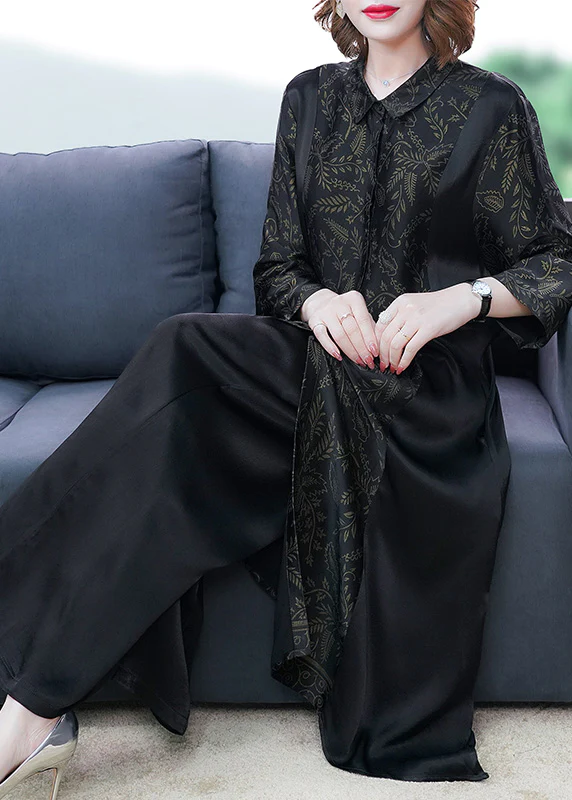 Elegant Black Printed Button Silk Long Shirt Wide Leg Pants Two Piece Set Long Sleeve