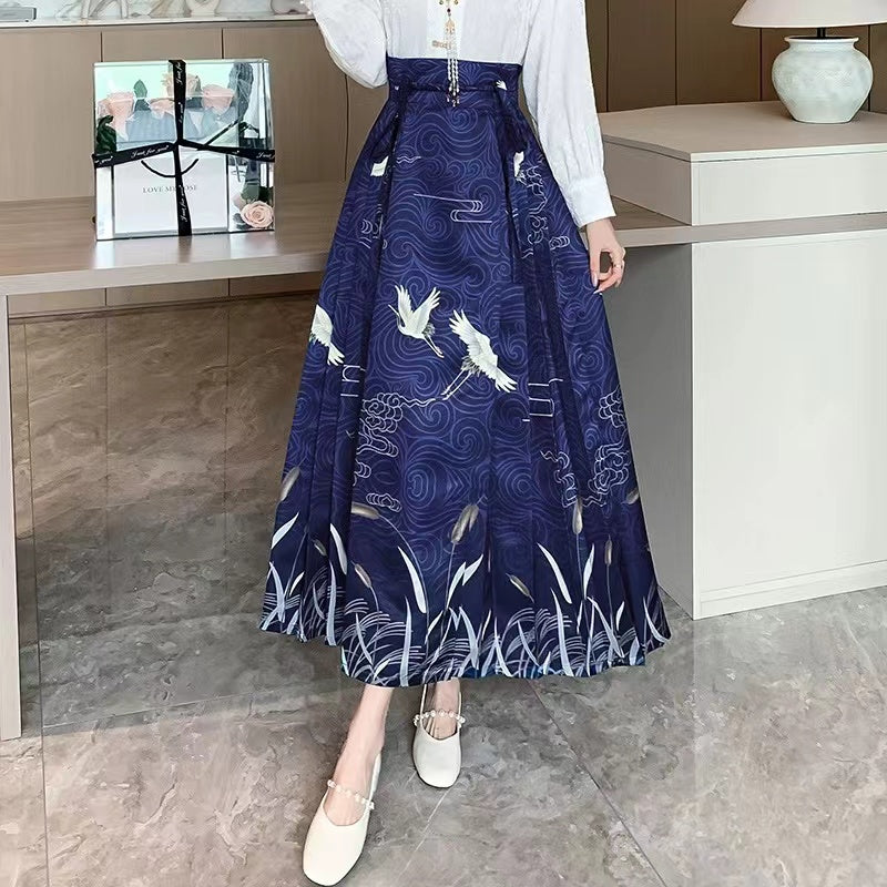 Women's Vintage Blue Pleated Printed Skirt