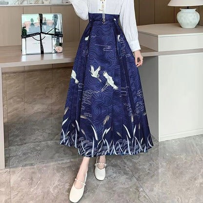 Women's Vintage Blue Pleated Printed Skirt
