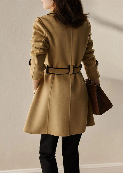 Patchwork Navy Collar Coat with Elastic Waist Pockets