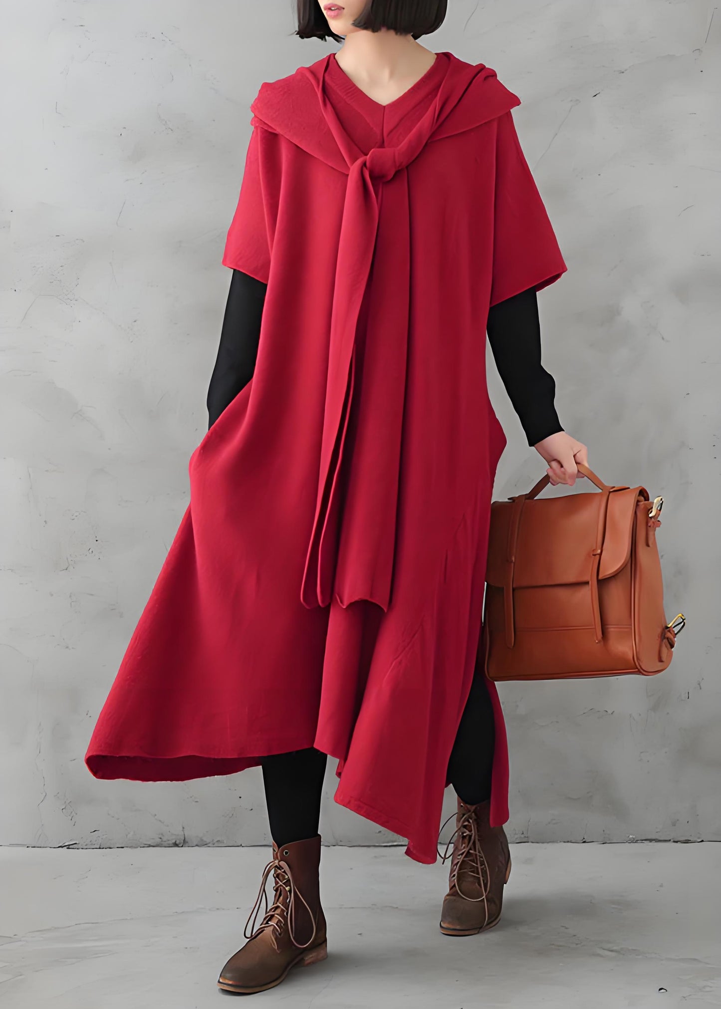 Women's Plus Size Red V-Neck Side Split Knit Sweater Dress