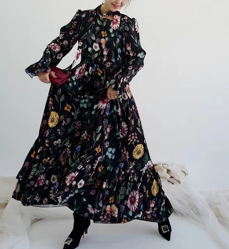French Stand Neck Tie Printed Floral Flared Sleeve Swing Dress