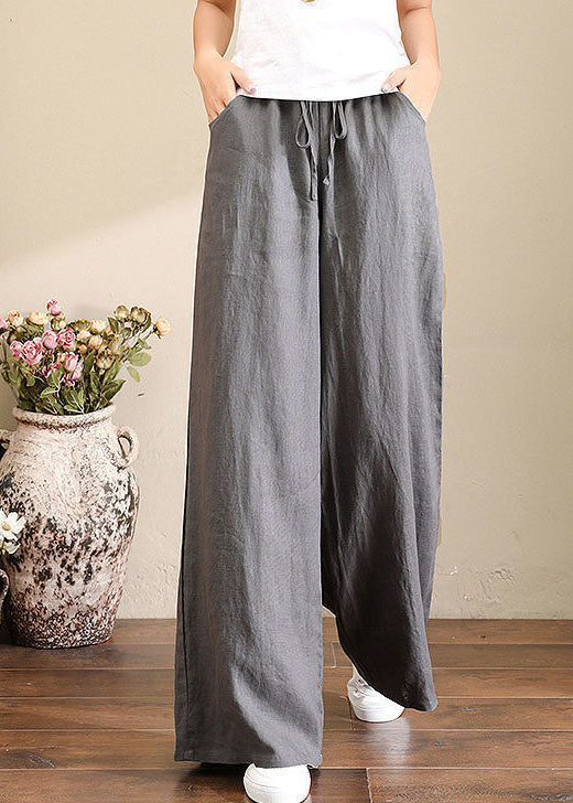 Loose Elastic Waist Pocket Linen Wide Leg Pants