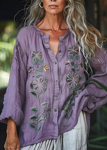 Women's Linen Purple Round Collar Floral Print Button Long Sleeve Patchwork Color Clash Shirt
