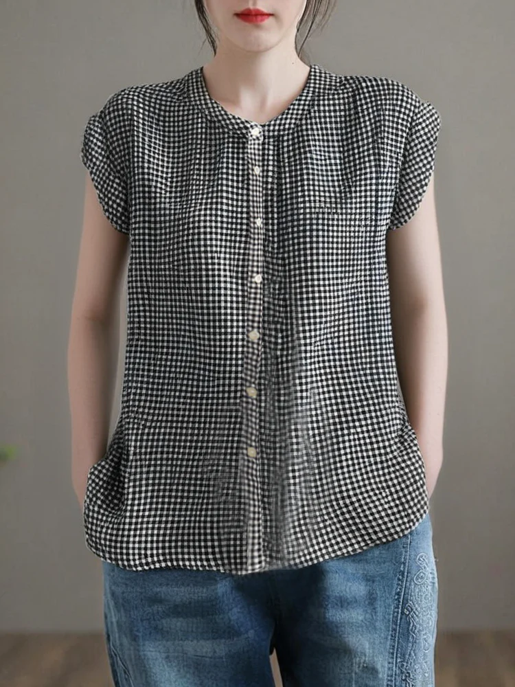 Women's Plus Size Standing Collar Plaid Button Down Cotton Shirt