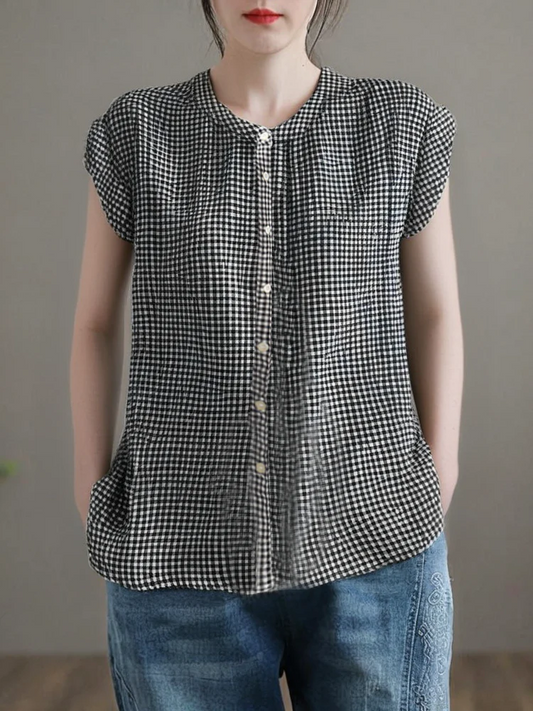 Women's Plus Size Standing Collar Plaid Button Down Cotton Shirt