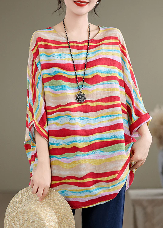 Women's O-Neck Stripe Plus Cotton Shirt Top