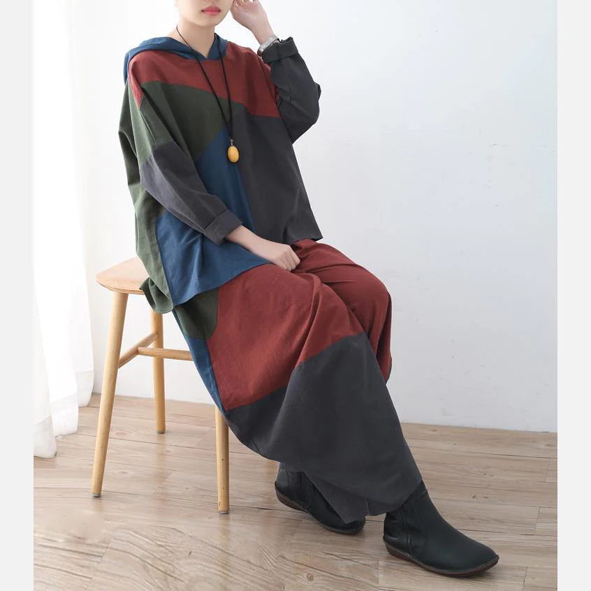 Fashion Patchwork Cotton Two-Piece Stylish T-Shirt Top + Elastic Waist Wide Leg Pants