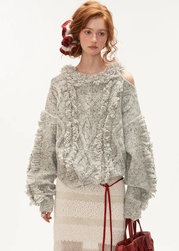 Women's Loose Strapless Fringed Thick Cotton Knit Sweater