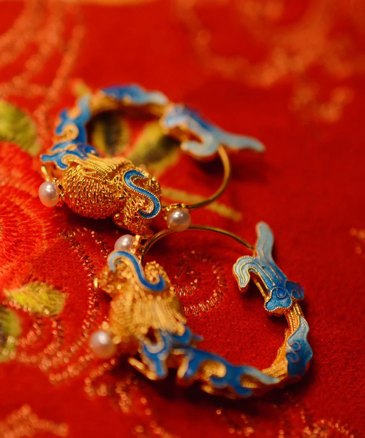 Chinese Style Gold Copper and Gold Plated Pearl Hoop Earrings