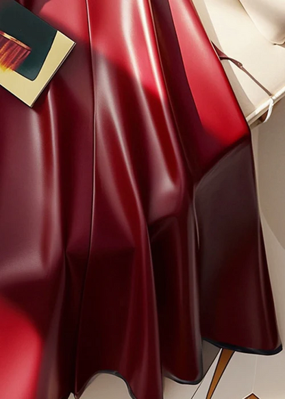 Women's Red Belt Solid Color High Waist Faux Leather Skirt