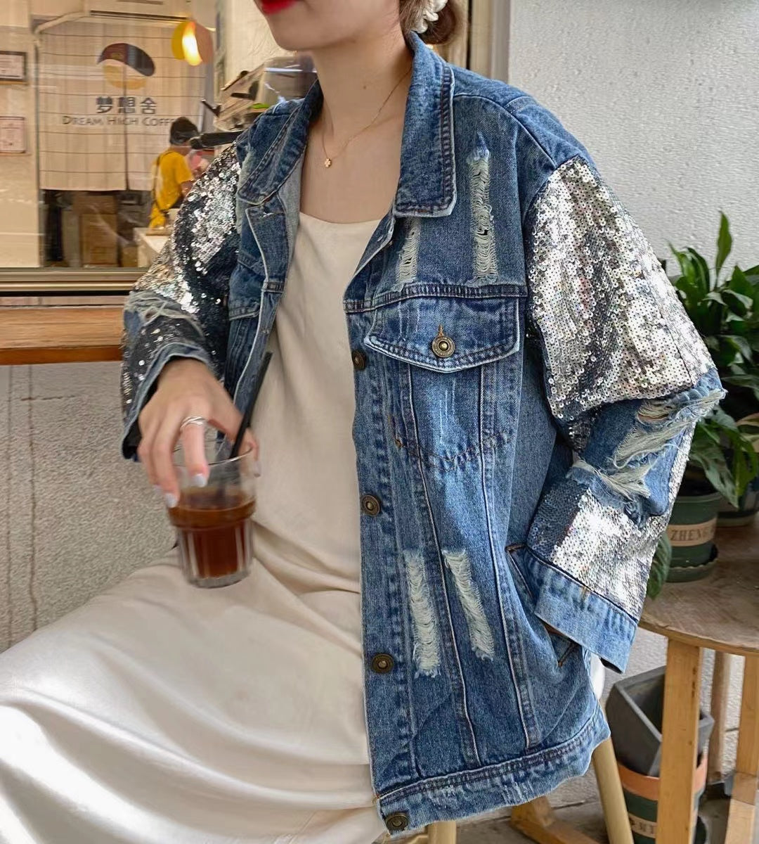 Fashion Sequins Personalized Ripped Denim Jacket
