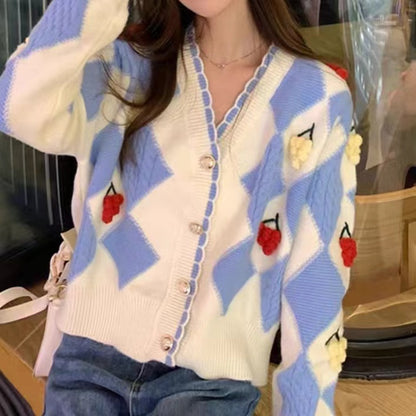 Loose White Geometric Cardigan Knitted Sweater