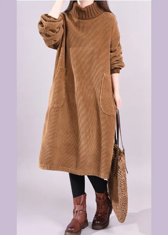 Women's Plus Size Patchwork Thick Corduroy Dress High Neck Long Sleeve