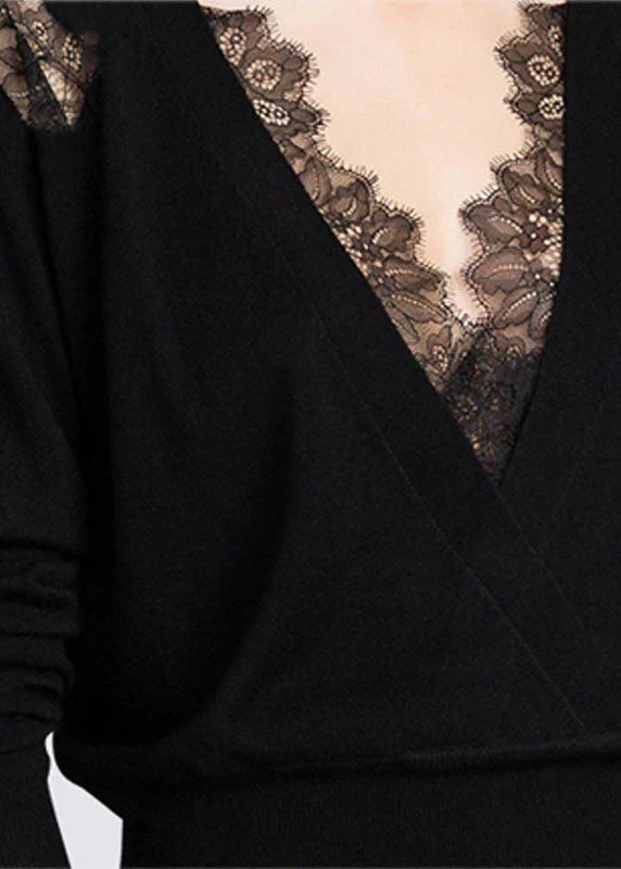 Black V-Neck Lace Patchwork Cutout Wool Knit Top