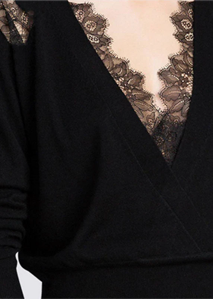 Black V-Neck Lace Patchwork Cutout Wool Knit Top