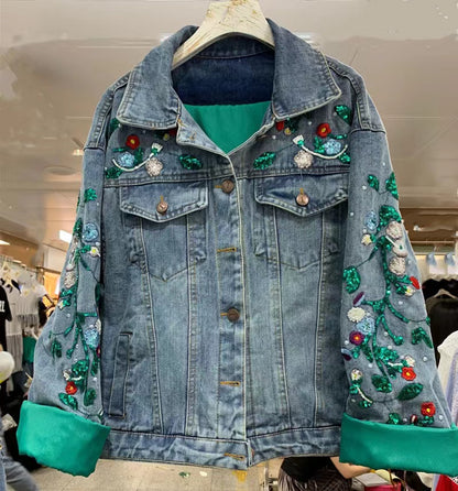 Loose Embroidered Floral Beaded Color Block Denim Jacket