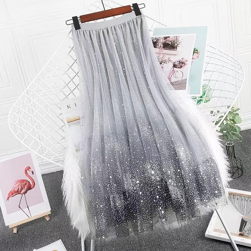 Elegant Gradient Pleated Mesh Pleated Skirt