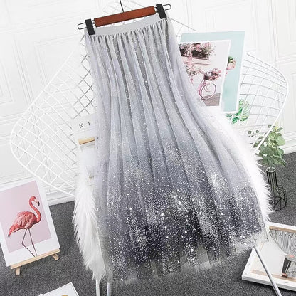 Elegant Gradient Pleated Mesh Pleated Skirt