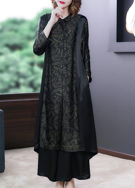Elegant Black Printed Button Silk Long Shirt Wide Leg Pants Two Piece Set Long Sleeve