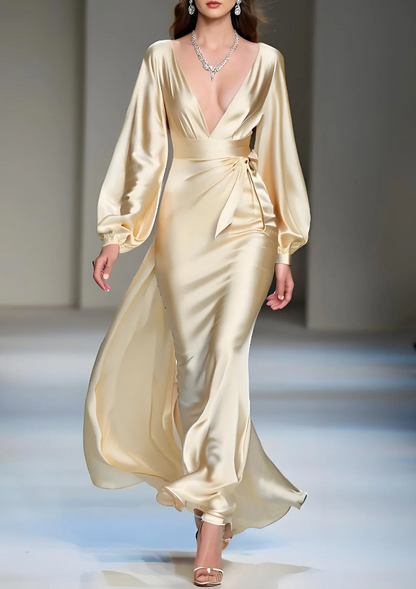 Women's Yellow Long Sleeve Silk Dress Spring Summer